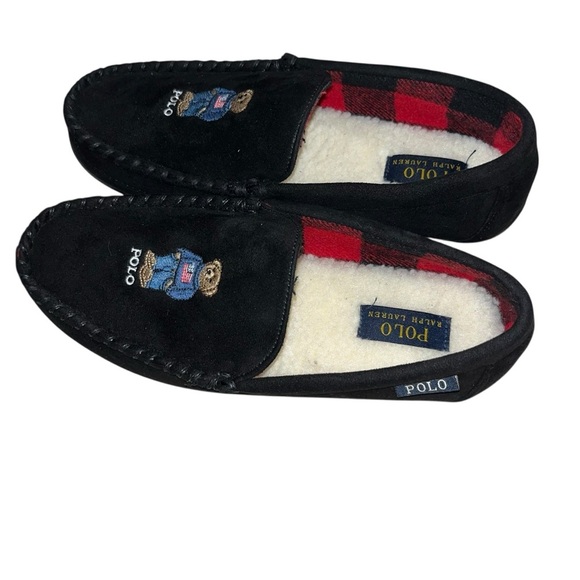POLO RALPH LAUREN Bear Black Suede Moccasin Slipper Sherpa lined new nwot men 8 - Picture 2 of 7